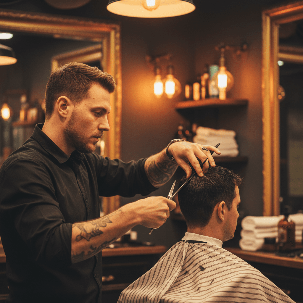 Skilled barber performing a precise haircut on a client at Kvngcuts Premium Barbershop