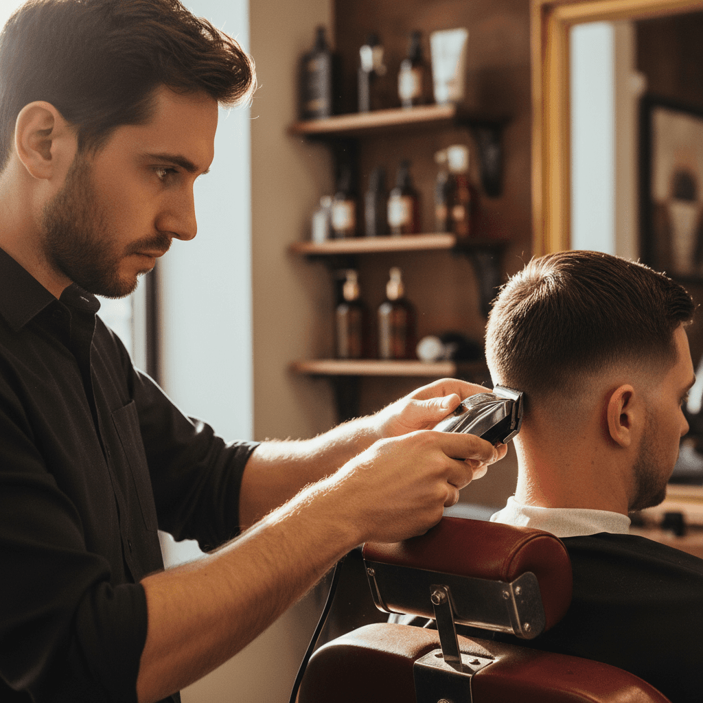 Skilled barber providing precision haircut to client in modern barbershop setting