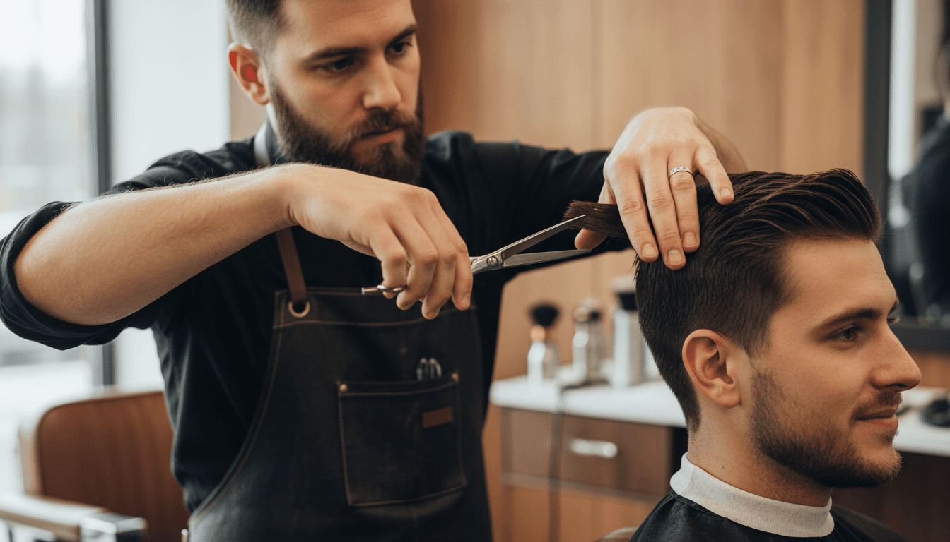 Skilled barber giving precise haircut to satisfied customer in premium barbershop environment