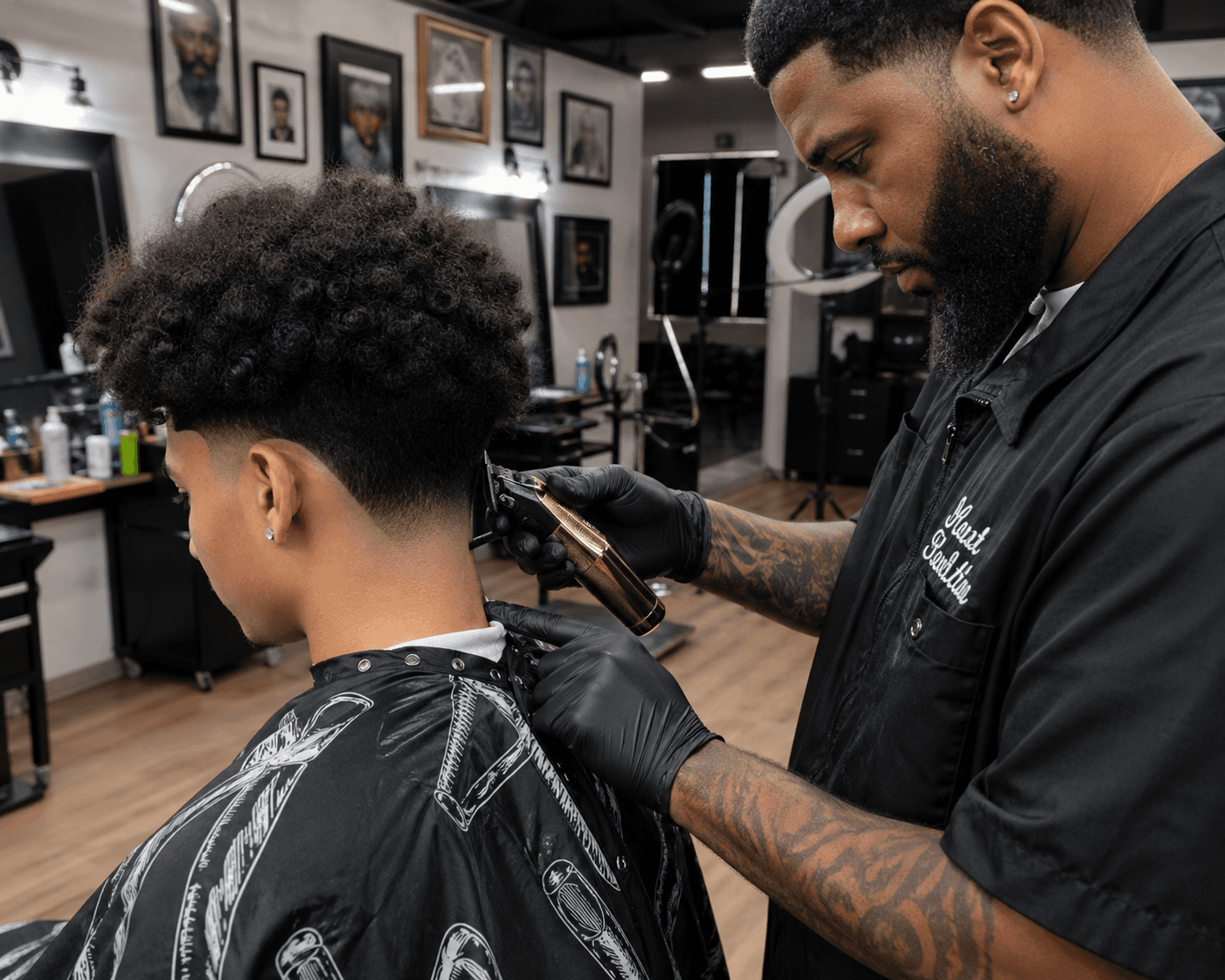 Tattooed barber uses gold clippers to trim the neckline of a man's curly hair.